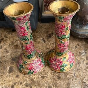 Pair of cloisonné candlestick holders Floral Gold and Pink Red poinsettia’s